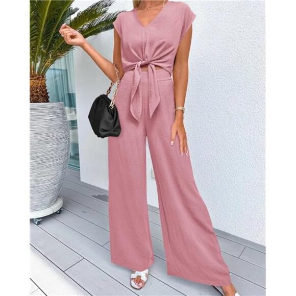 Women’s 2 Piece V-Neck Crop Top & Wide Leg Pants Set - Picture 3 of 5